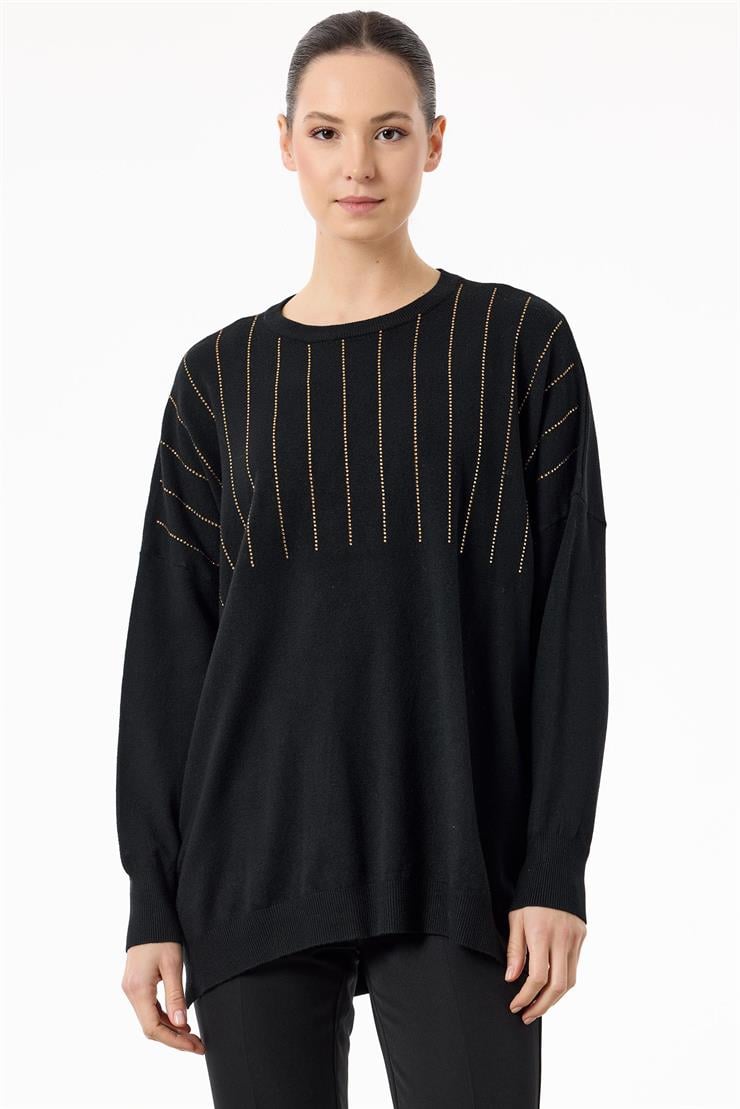 Ön Bedeni Yarım Taş Baskılı Triko Tunik SİYAH