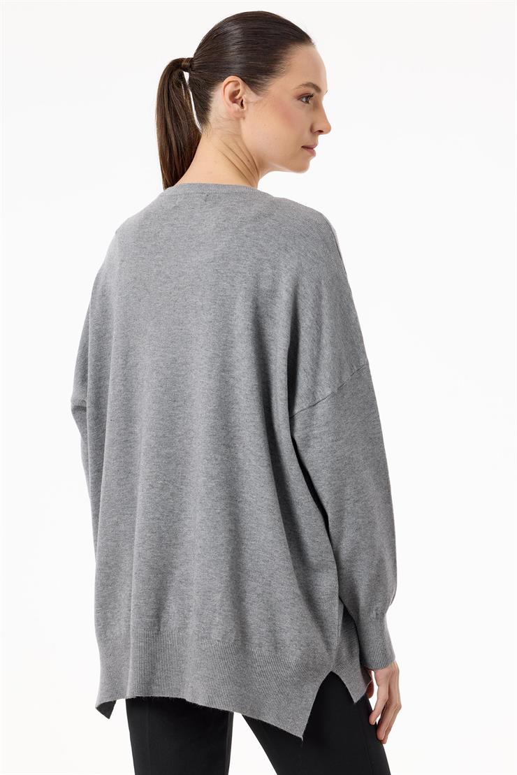 Ön Bedeni Yarım Taş Baskılı Triko Tunik GRİ