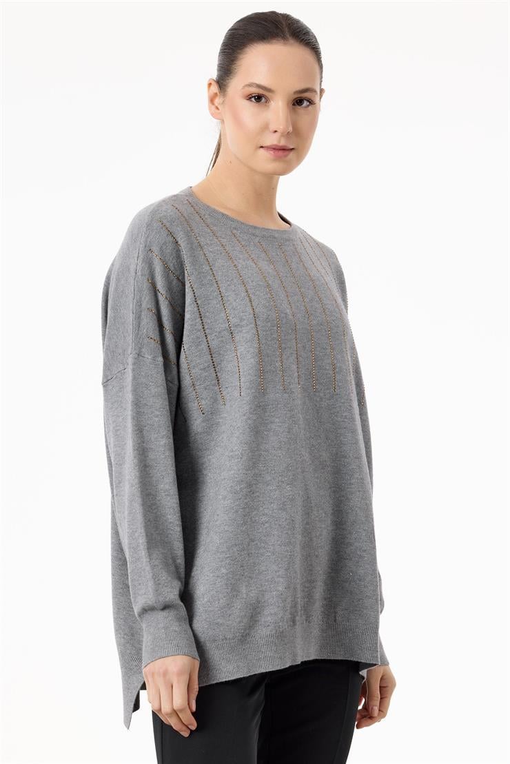 Ön Bedeni Yarım Taş Baskılı Triko Tunik GRİ