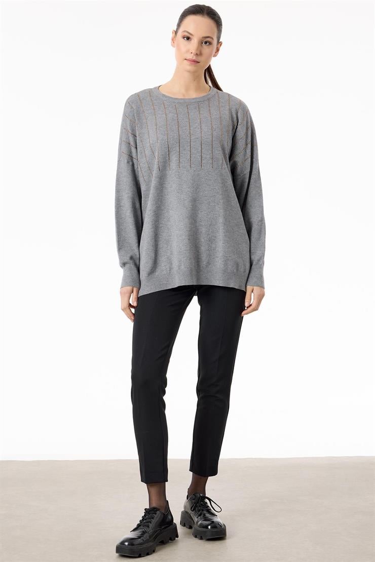 Ön Bedeni Yarım Taş Baskılı Triko Tunik GRİ