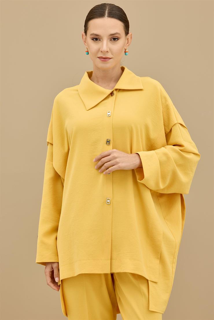 Önden Çıtçıtlı Asimetrik Oversize Takım SARI