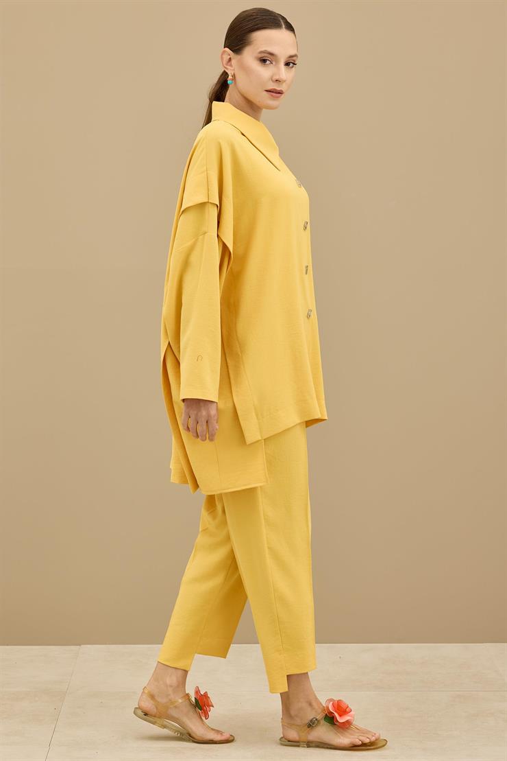 Önden Çıtçıtlı Asimetrik Oversize Takım SARI