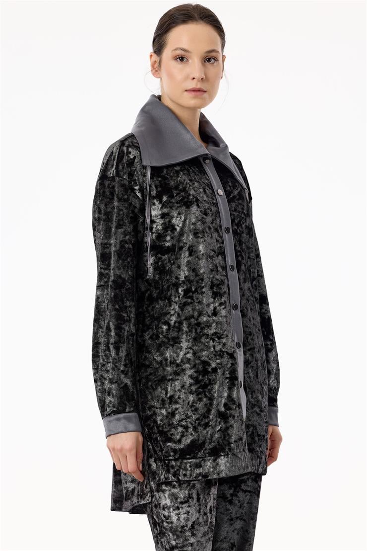 Önden Çıtçtlı Kadife Pantolonlu Takım GRİ