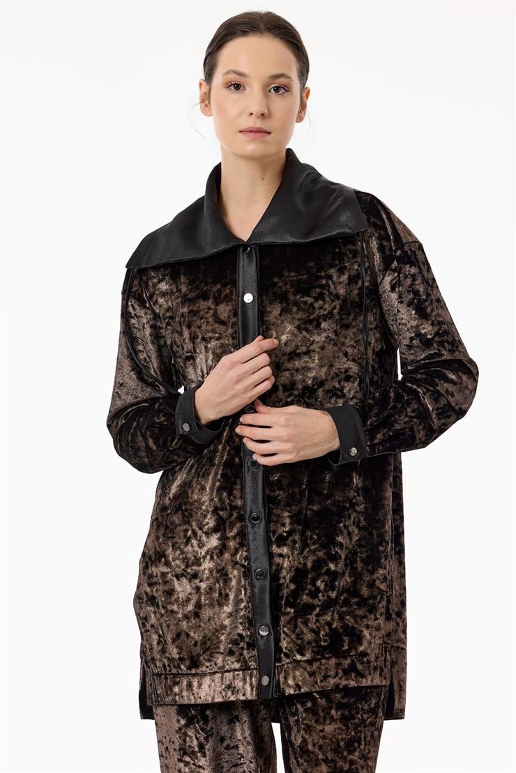 Önden Çıtçtlı Kadife Pantolonlu Takım KAHVE