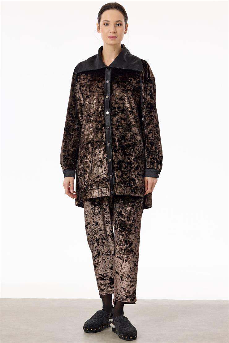 Önden Çıtçtlı Kadife Pantolonlu Takım KAHVE