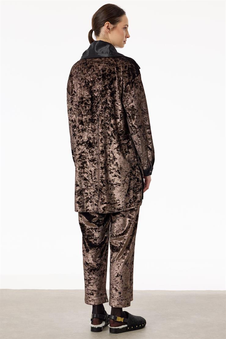 Önden Çıtçtlı Kadife Pantolonlu Takım KAHVE