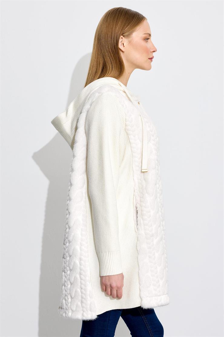 Önden Metal Çıtçıtlı Triko Kombinli Kapüşonlu Kürk Kaban EKRU
