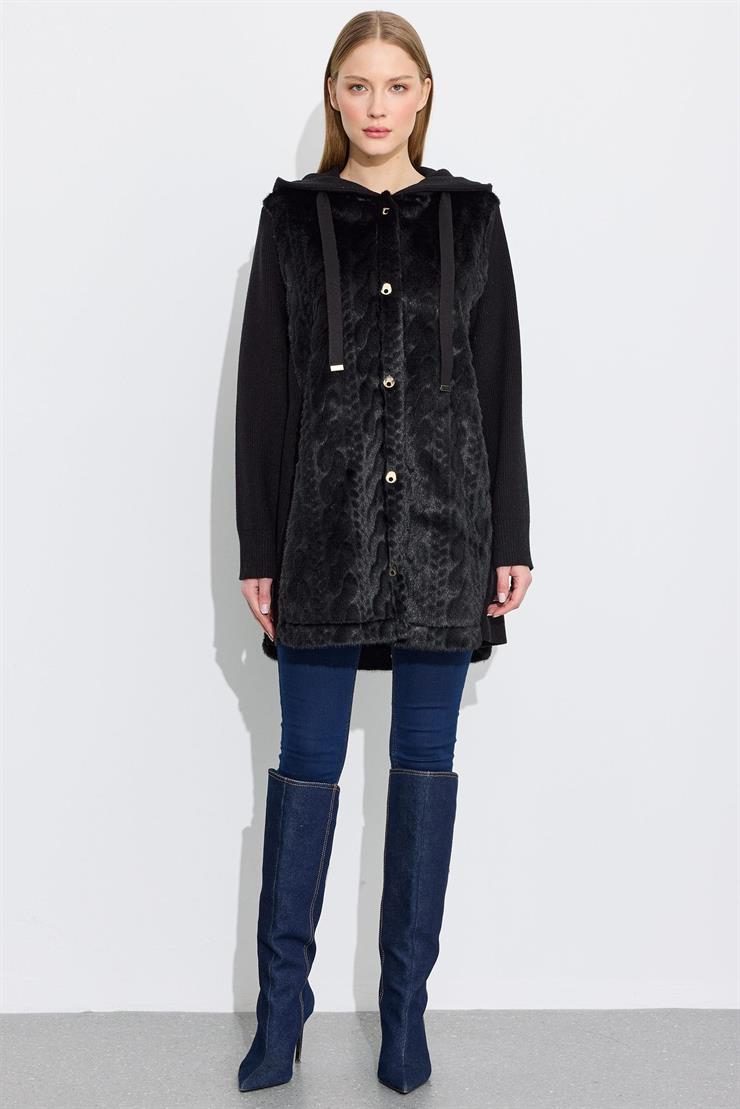 Önden Metal Çıtçıtlı Triko Kombinli Kapüşonlu Kürk Kaban SİYAH