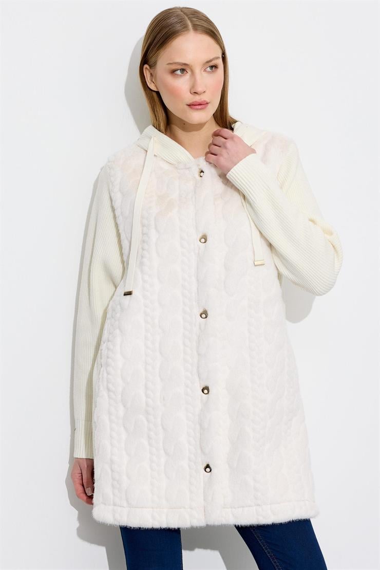Önden Metal Çıtçıtlı Triko Kombinli Kapüşonlu Kürk Kaban EKRU