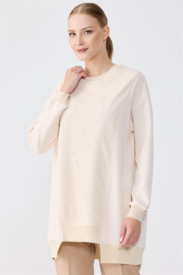 Önü Dantel Etek Ucu Asimetrik Tunik BEJ