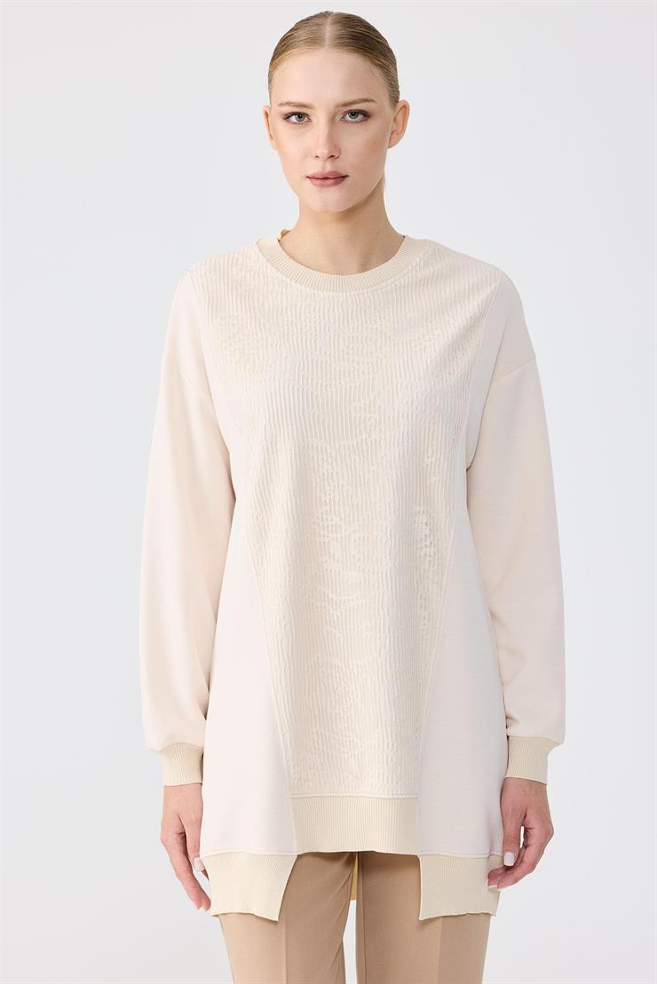 Önü Dantel Etek Ucu Asimetrik Tunik BEJ