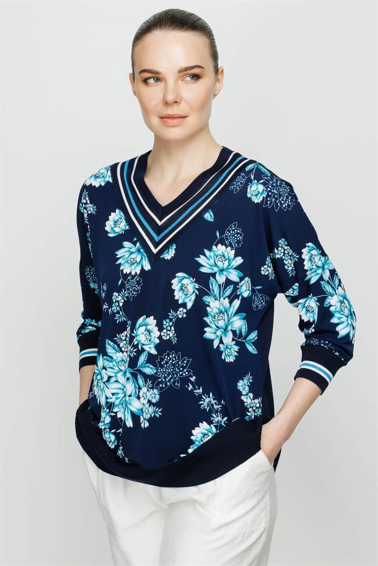 Önü Desenli Arkası Triko Kombinli Truvakar Kol Bluz-Lacivert-Mavi