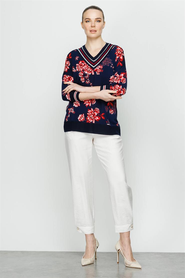 Önü Desenli Arkası Triko Kombinli Truvakar Kol Bluz-Lacivert - Pembe