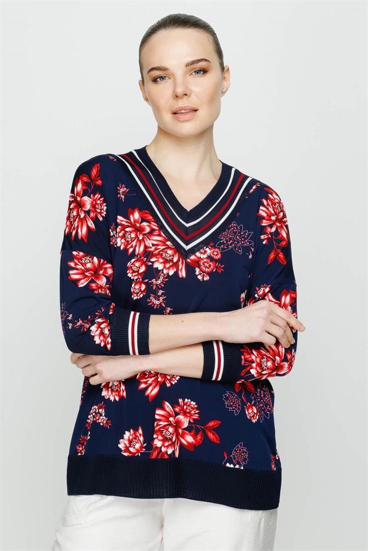 Önü Desenli Arkası Triko Kombinli Truvakar Kol Bluz-Lacivert - Pembe