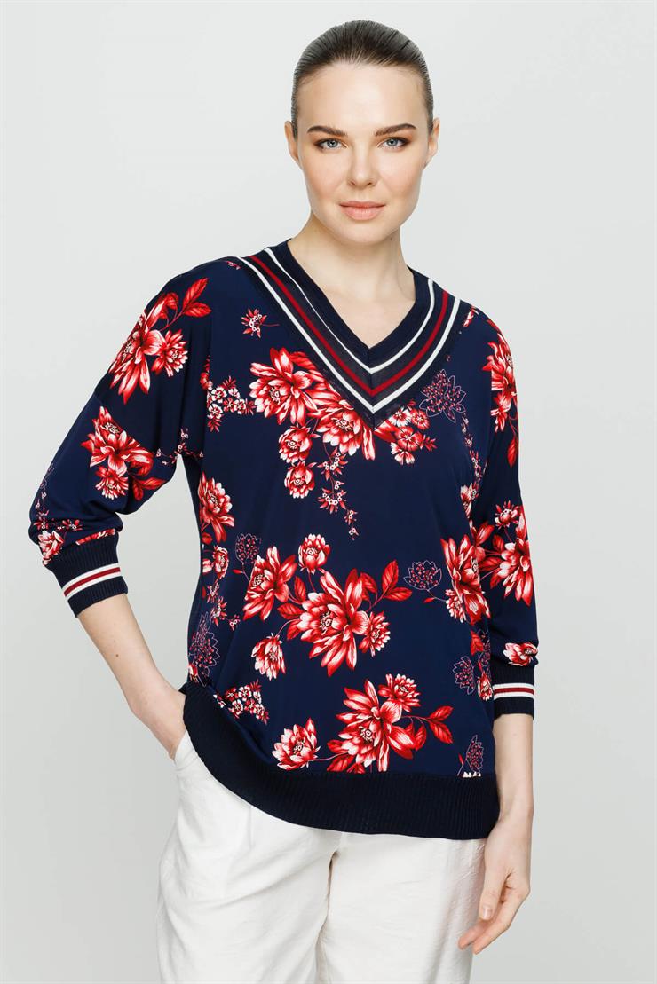 Önü Desenli Arkası Triko Kombinli Truvakar Kol Bluz-Lacivert - Pembe