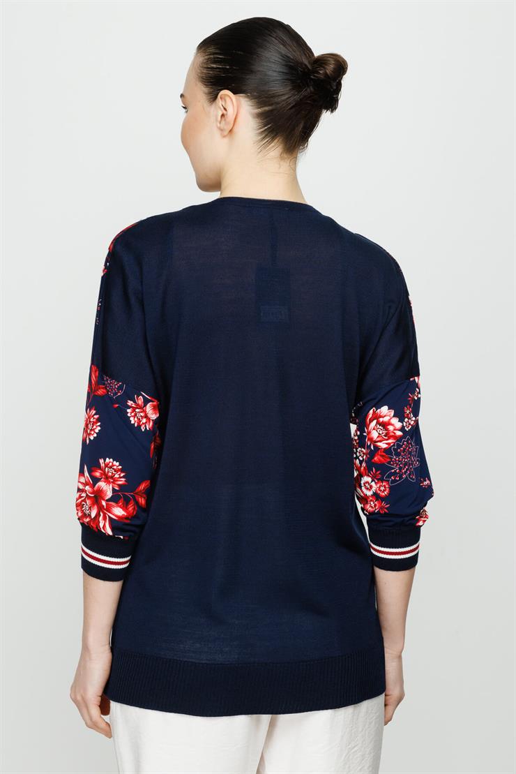 Önü Desenli Arkası Triko Kombinli Truvakar Kol Bluz-Lacivert - Pembe