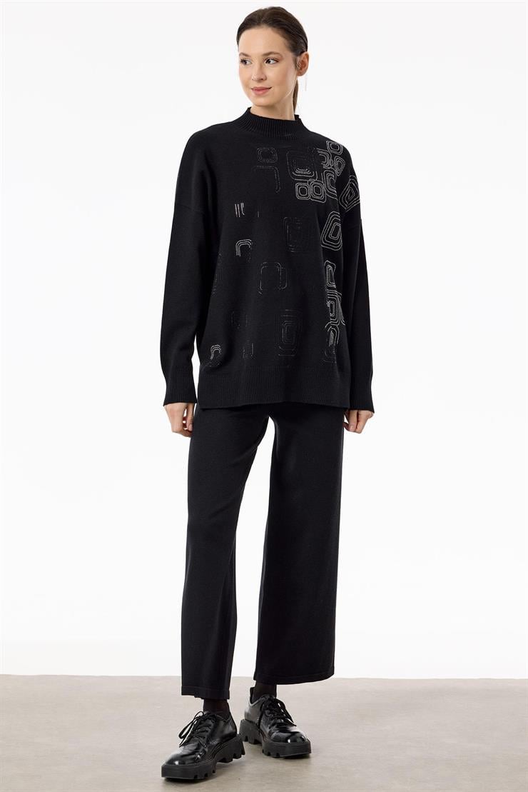 Önü Geometrik Payetli Pantolonlu Triko Takım SİYAH