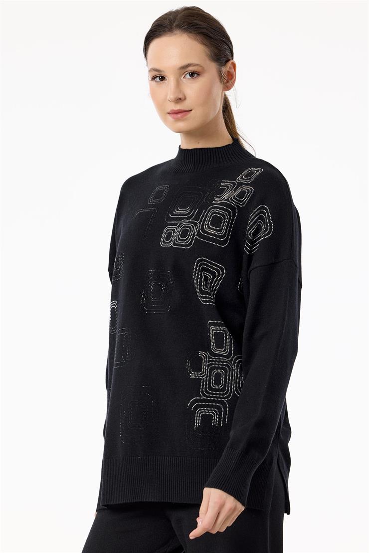 Önü Geometrik Payetli Pantolonlu Triko Takım SİYAH