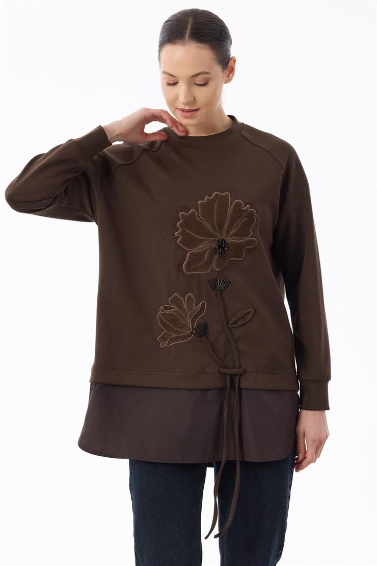 Önü Kabartma Çiçek Nakışlı Tunik KAHVE