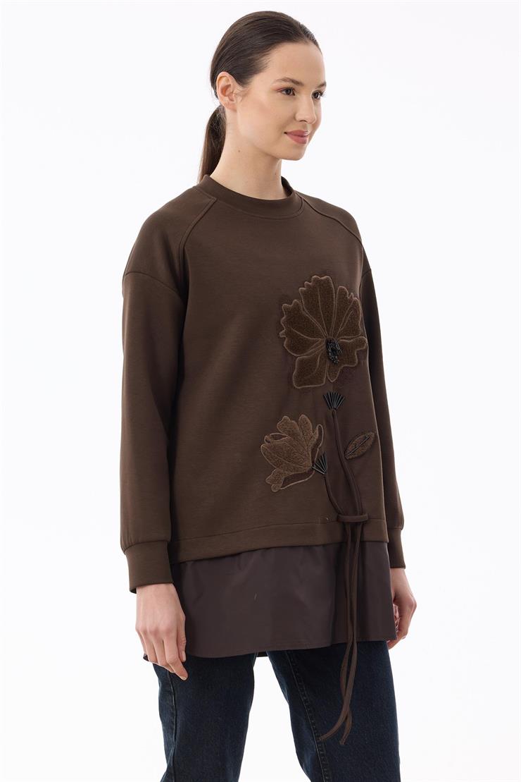 Önü Kabartma Çiçek Nakışlı Tunik KAHVE