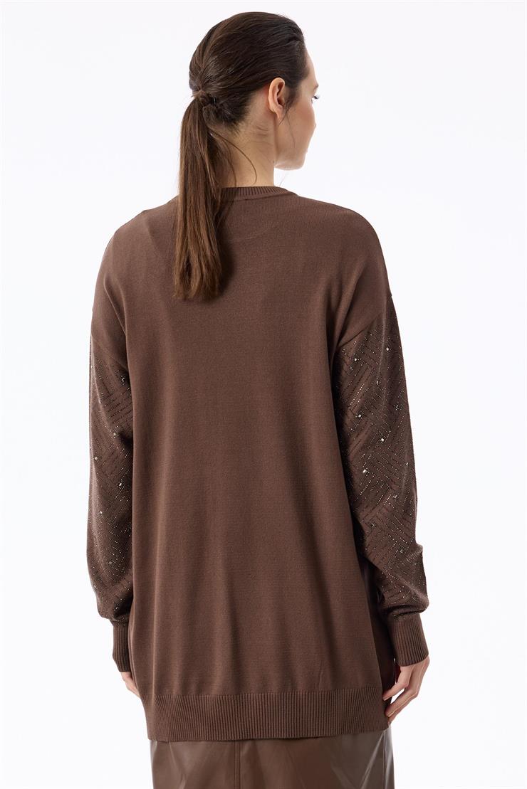 Önü Kafes Taş Baskılı Tunik KAHVE