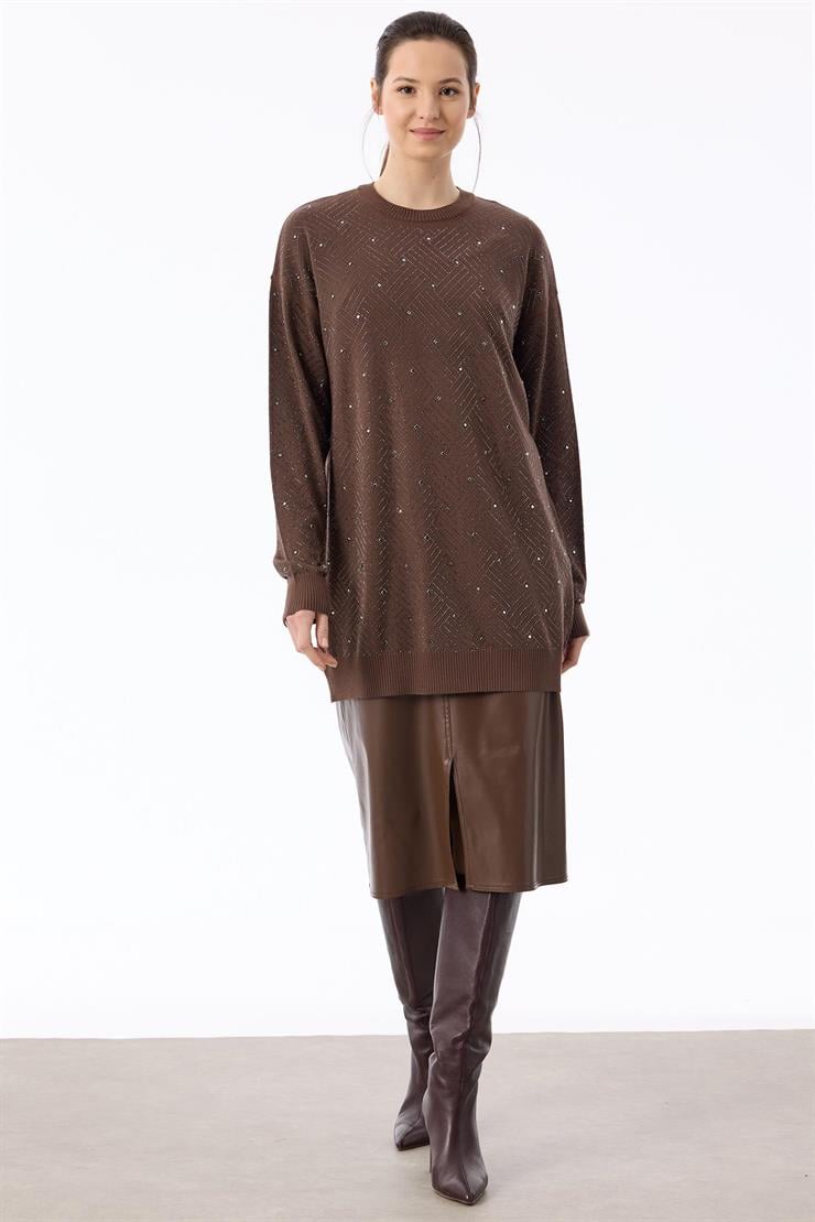 Önü Kafes Taş Baskılı Tunik KAHVE