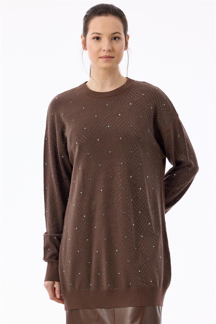 Önü Kafes Taş Baskılı Tunik KAHVE