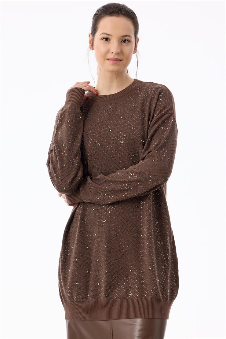 Önü Kafes Taş Baskılı Tunik KAHVE