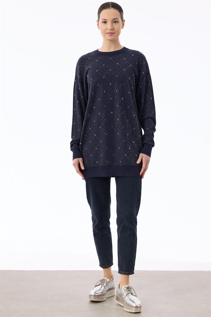 Önü Kafes Taş Baskılı Tunik LACİVERT