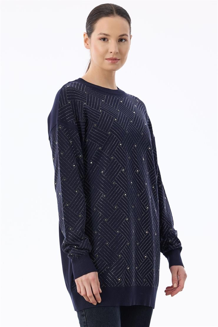 Önü Kafes Taş Baskılı Tunik LACİVERT