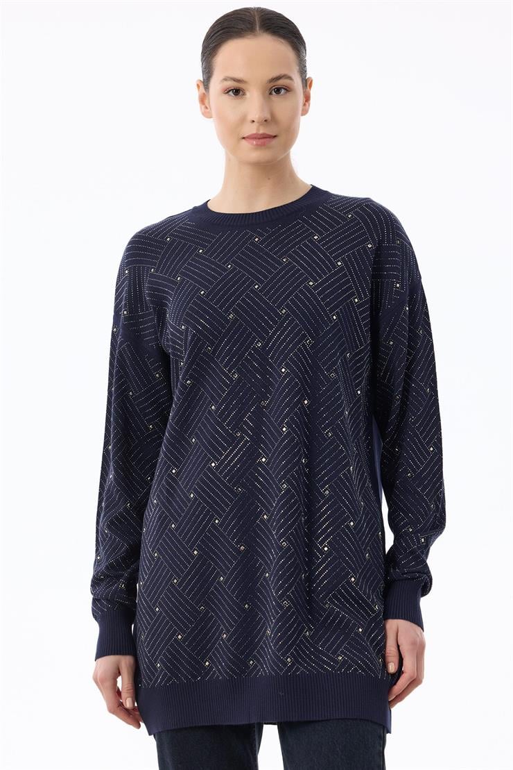 Önü Kafes Taş Baskılı Tunik LACİVERT