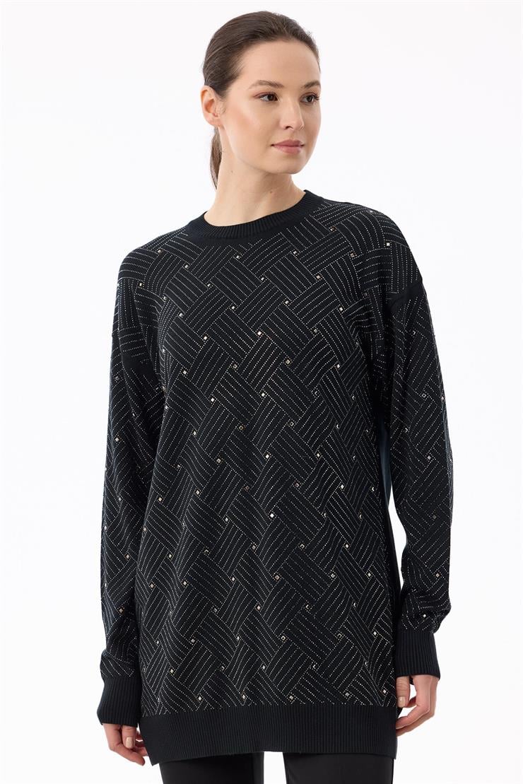 Önü Kafes Taş Baskılı Tunik SİYAH