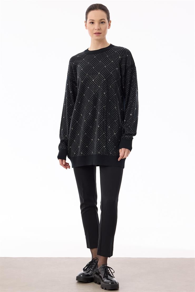 Önü Kafes Taş Baskılı Tunik SİYAH