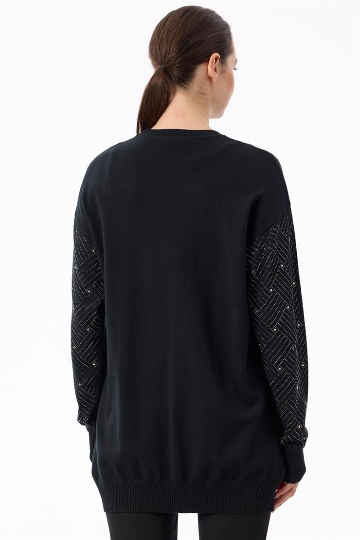 Önü Kafes Taş Baskılı Tunik SİYAH