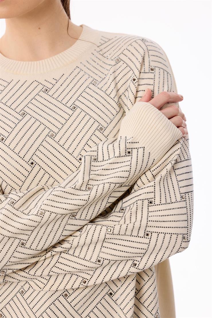 Önü Kafes Taş Baskılı Tunik VANİLYA