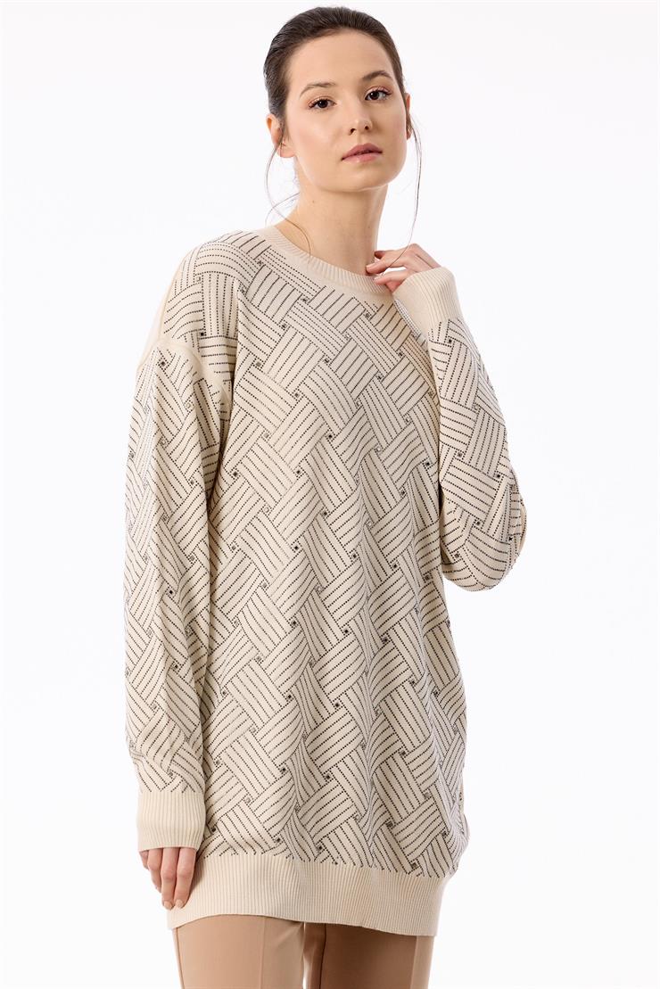 Önü Kafes Taş Baskılı Tunik VANİLYA