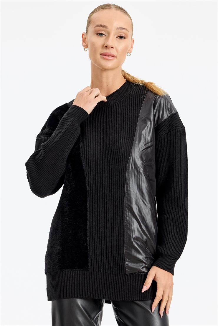 Önü Kumaş Kombinli Tunik SİYAH