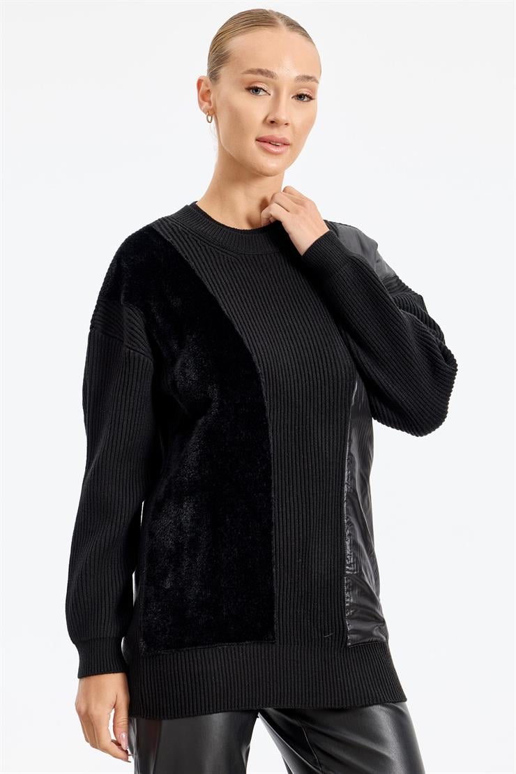 Önü Kumaş Kombinli Tunik SİYAH