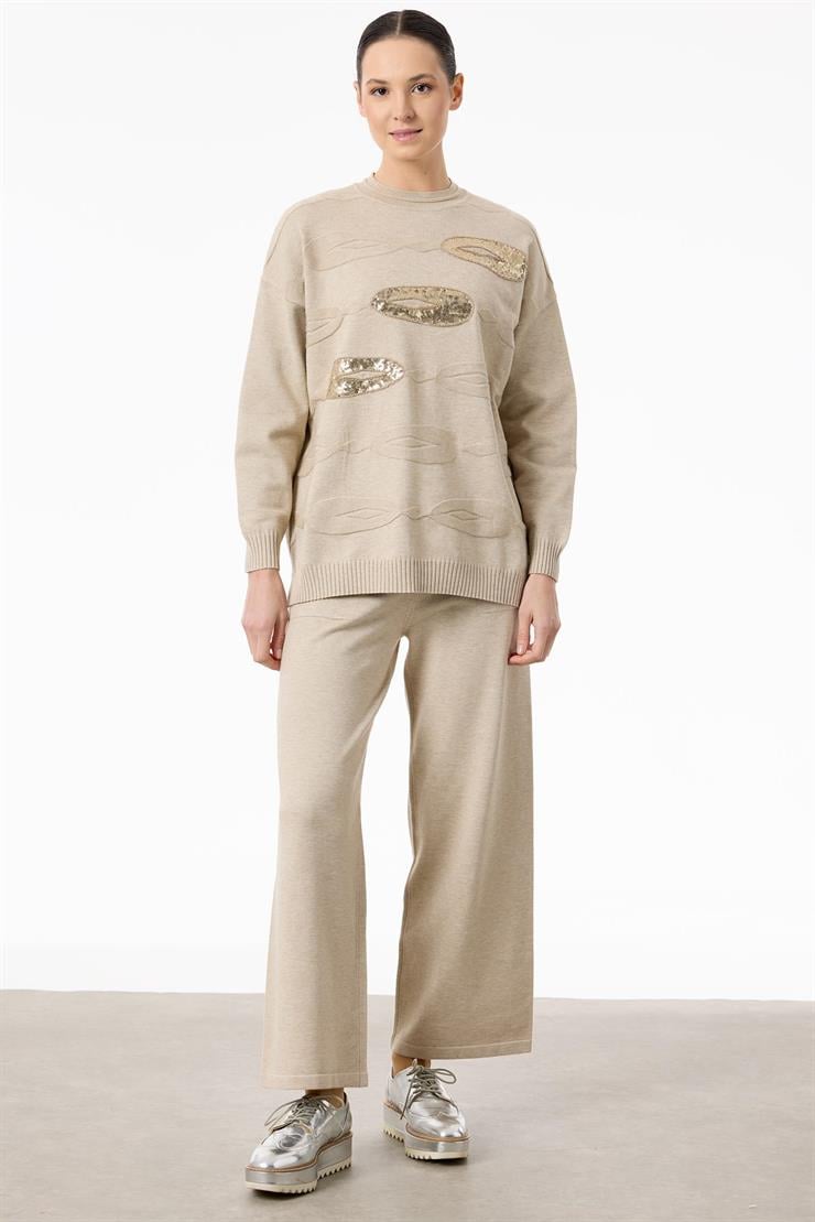 Önü Payet Detaylı Pantolonlu Triko Takım BEJ