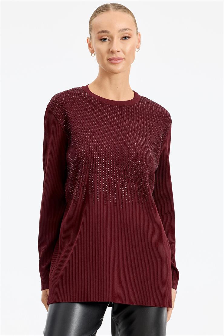 Önü Taş Baskı Rayon Tunik BORDO