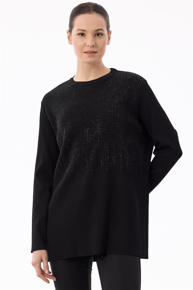 Önü Taş Baskı Rayon Tunik SİYAH