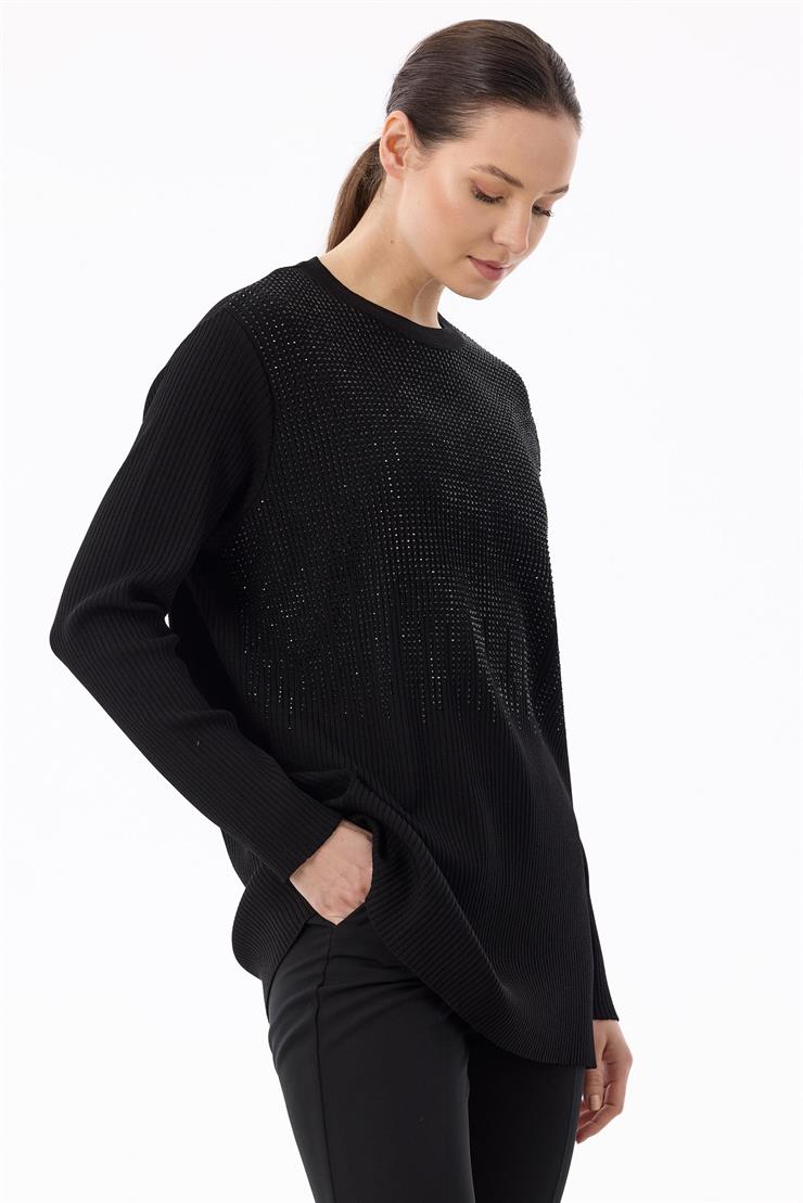 Önü Taş Baskı Rayon Tunik SİYAH