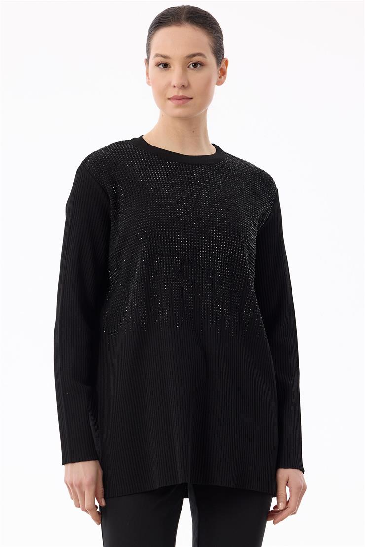 Önü Taş Baskı Rayon Tunik SİYAH