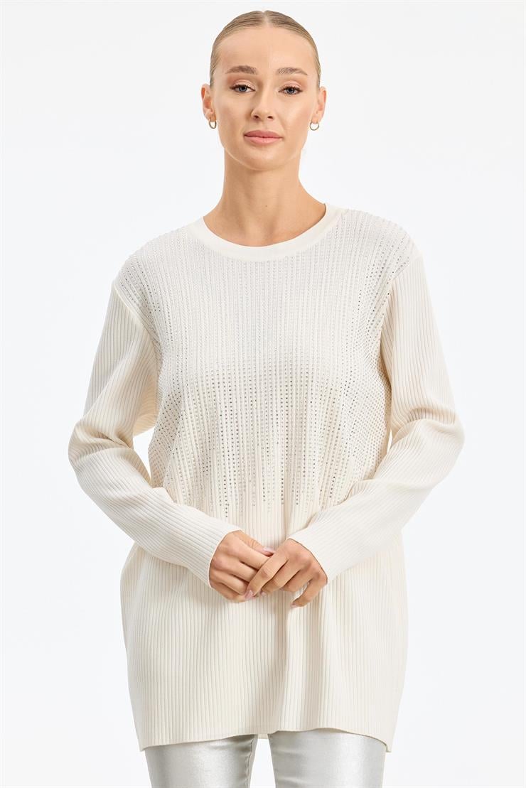 Önü Taş Baskı Rayon Tunik VANİLYA