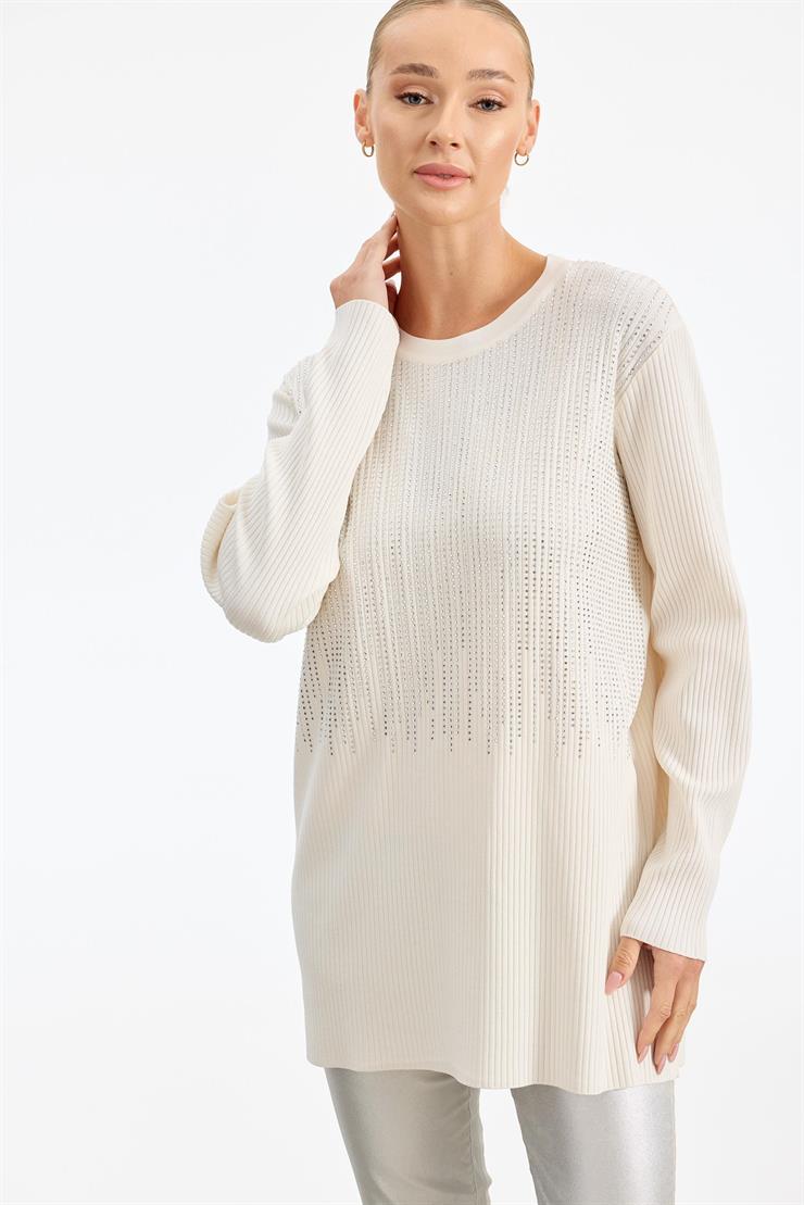 Önü Taş Baskı Rayon Tunik VANİLYA