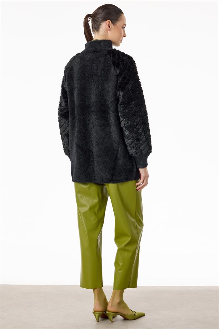 Örgü Detaylı Fermuarlı Triko Hırka SİYAH