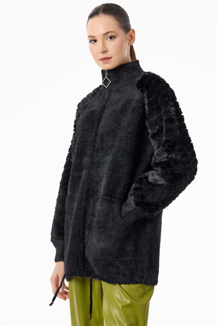 Örgü Detaylı Fermuarlı Triko Hırka SİYAH