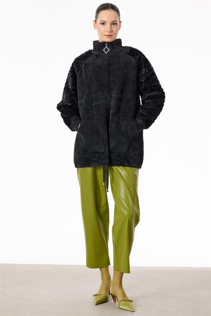 Örgü Detaylı Fermuarlı Triko Hırka SİYAH