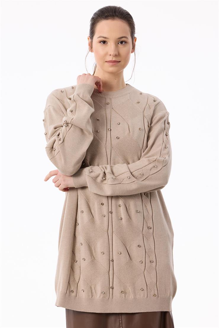 Örgü Detaylı Taşlı Triko Tunik BEJ