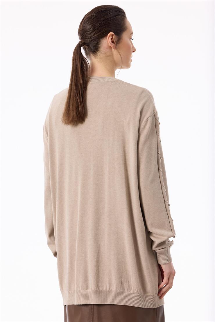 Örgü Detaylı Taşlı Triko Tunik BEJ